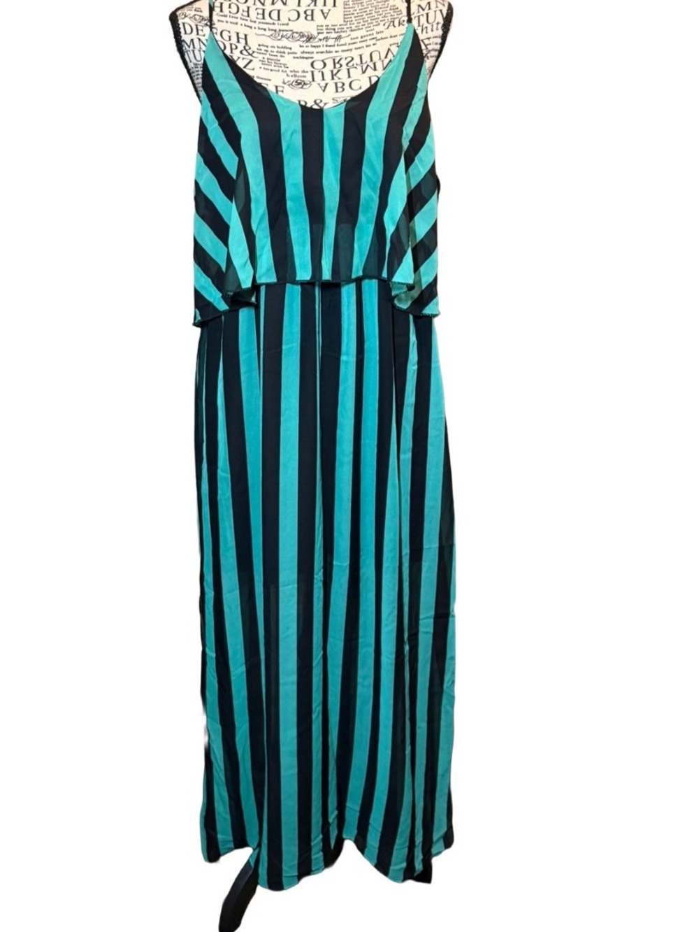 Vintage Y2K Passport Love Teal & Black Striped Popover Maxi Dress - Size Medium